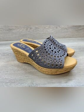 NWOTSpring Steps Women Sandals Slate Gray Laser Cut Leather Wedge 9 Comfort Shoe